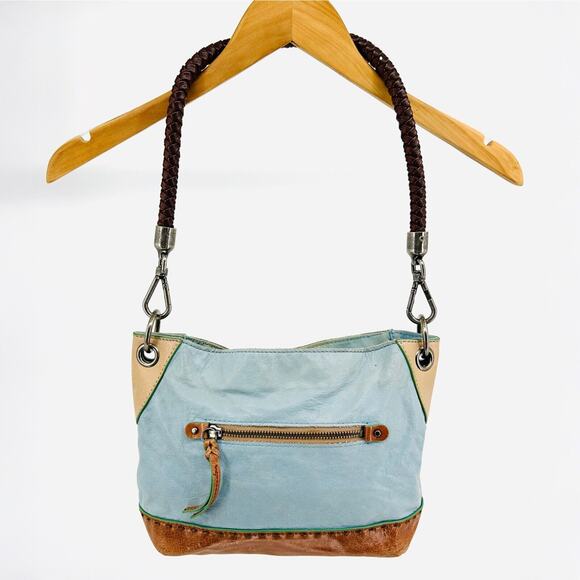 The Sak Handbags - Y2K The Sak Powder Blue Brown LEATHER Braided Handle Silver Hardware hand bag
